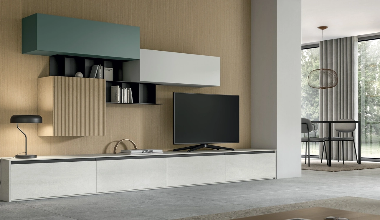 Murale équipé Living Glass en laminam Pierre de Savoia et placage de Arredo3