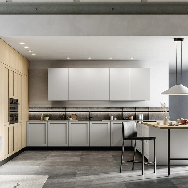 Cuisine moderne avec îlot Alma 02 en PET et stratifié d'Arredo3