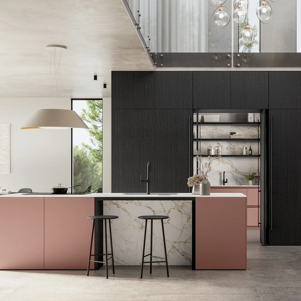 Cuisine moderne avec îlot Time 04 en laque mate et bois de Arredo3