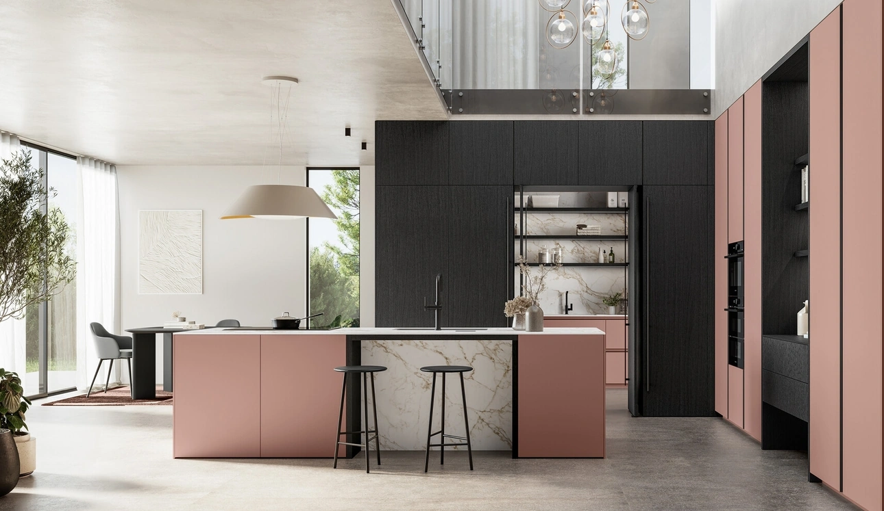 Cuisine moderne avec îlot Time 04 en laque mate et bois de Arredo3