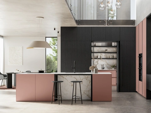 Cuisine moderne avec îlot Time 04 en laque mate et bois de Arredo3