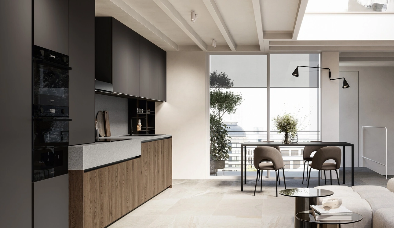 Cuisine moderne linéaire en chêne et laqué Asie de Arredo3