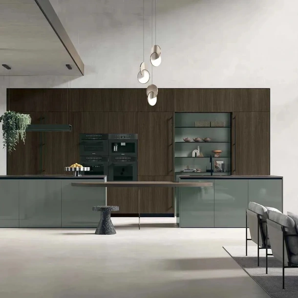 Cuisine Moderne en chêne thermochauffé avec îlot en laqué brillant Color Trend 06 de Stosa