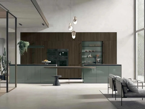 Cuisine Moderne en chêne thermochauffé avec îlot en laqué brillant Color Trend 06 de Stosa