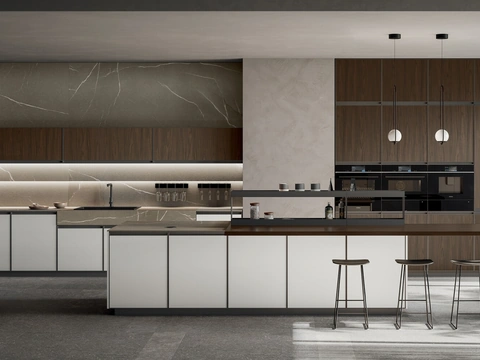Cuisine moderne avec îlot Kronos 02 en blanc pierre et placage noyer de Arredo3