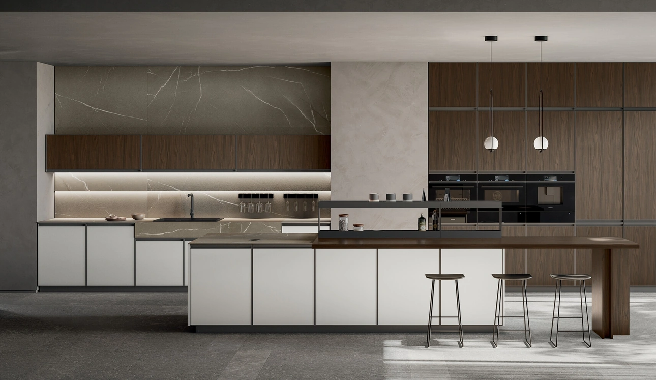 Cuisine moderne en PET et stratifié avec îlot Kronos d'Arredo3