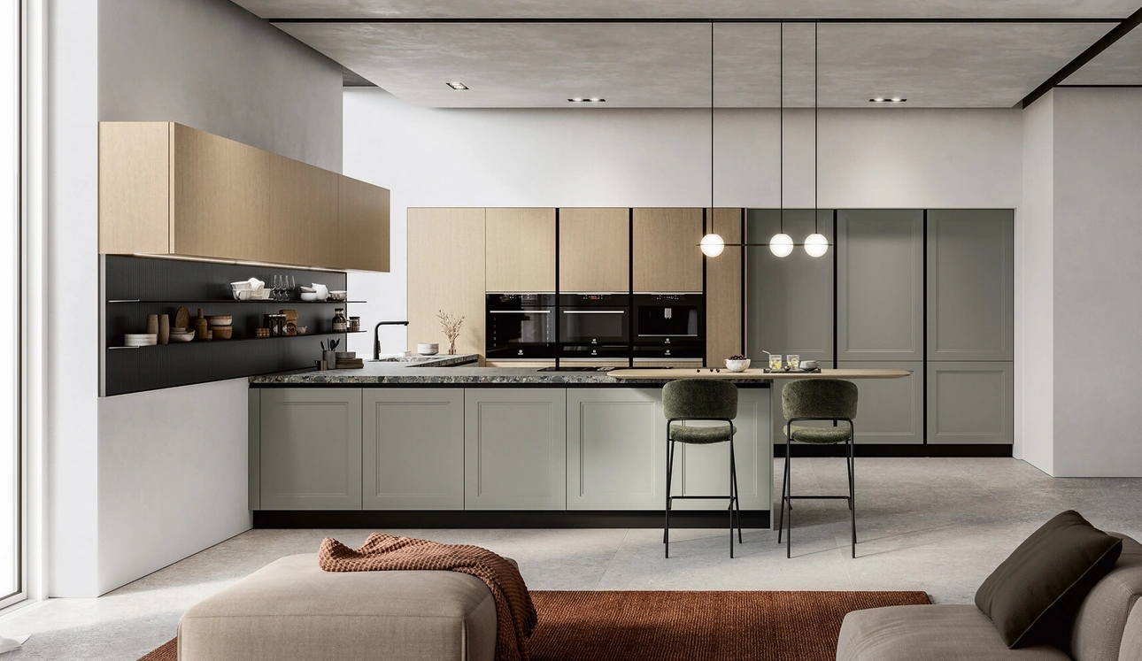 Cuisine moderne en laque et placage avec îlot Meg d'Arredo3