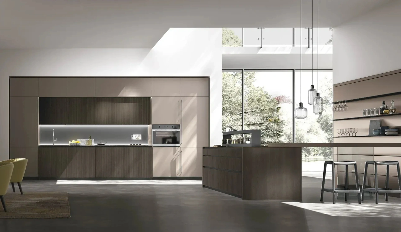 Cuisine Moderne avec îlot Metropolis 03 en Chêne et Pet de Stosa