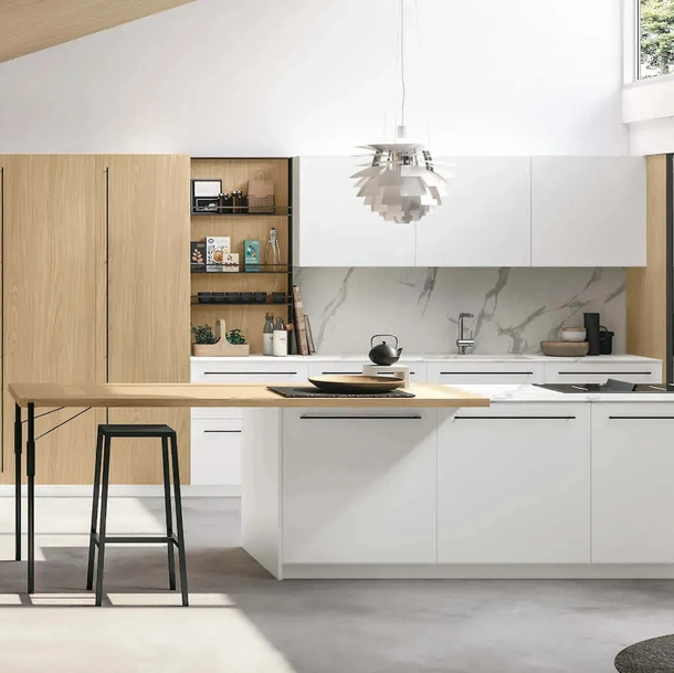 Cuisine moderne avec îlot Metropolis 06 en Pet Blanc et Chêne Soleil de Stosa
