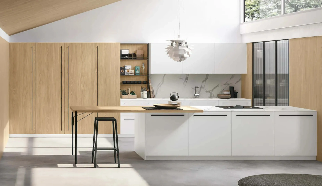Cuisine moderne avec îlot Metropolis 06 en Pet Blanc et Chêne Soleil de Stosa