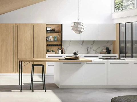 Cuisine moderne avec îlot Metropolis 06 en Pet Blanc et Chêne Soleil de Stosa