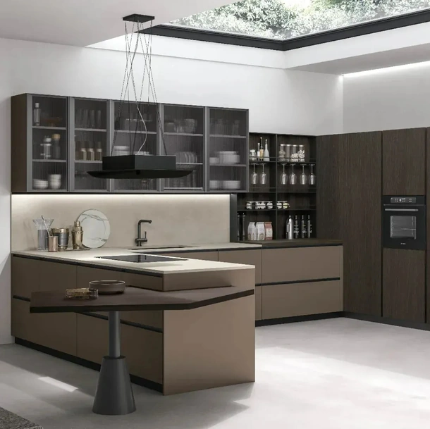 Cuisine moderne avec îlot Metropolis 10 en Pet Café et Chêne Conner de Stosa