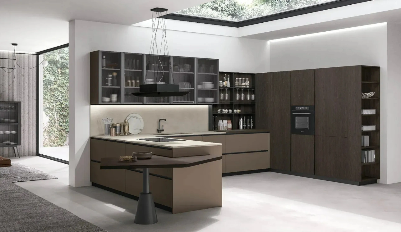 Cuisine moderne avec îlot Metropolis 10 en Pet Café et Chêne Conner de Stosa