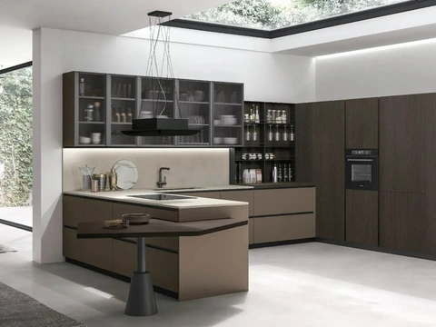 Cuisine moderne avec îlot Metropolis 10 en Pet Café et Chêne Conner de Stosa