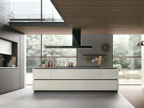 Cuisine moderne en PET avec îlot en béton métallisé Metropolis 11 de Stosa