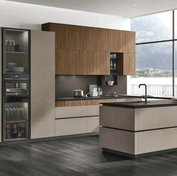 Cuisine moderne avec îlot Metropolis 12 en matériau Cement Visone et Noyer Eucalyptus de Stosa