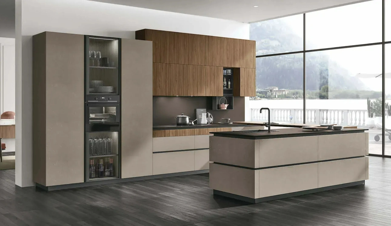Cuisine moderne avec îlot Metropolis 12 en matériau Cement Visone et Noyer Eucalyptus de Stosa