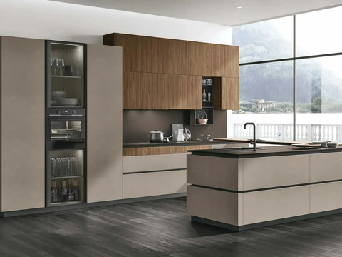 Cuisine moderne avec îlot Metropolis 12 en matériau Cement Visone et Noyer Eucalyptus de Stosa