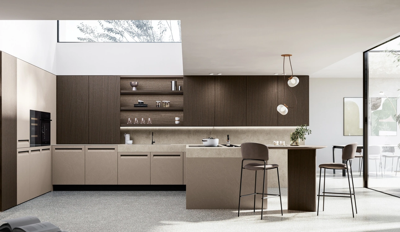 Cuisine moderne en PET et placage de noyer avec îlot Tekna de Arredo3