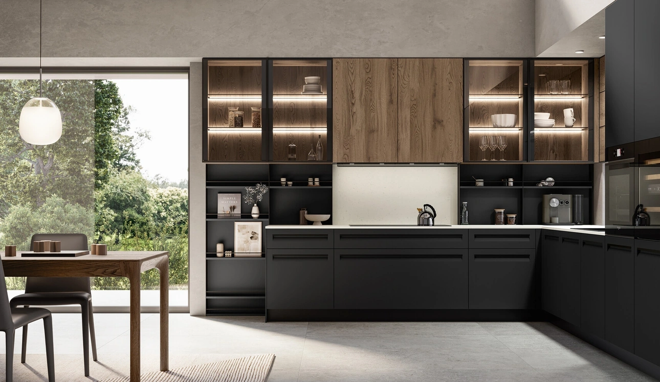 Cuisine moderne d'angle en PET et placage de chêne Tekna d'Arredo3