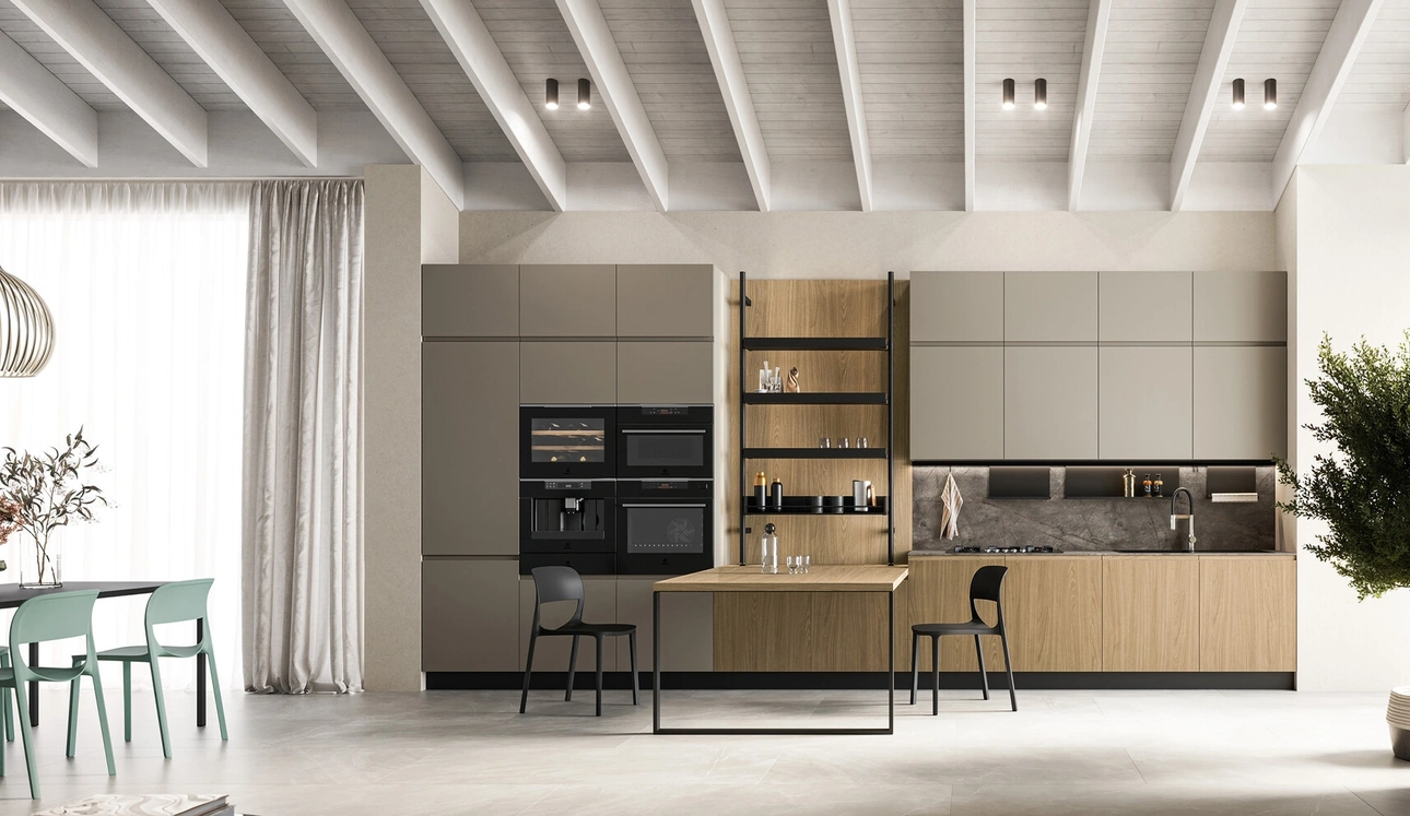 Cuisine moderne linéaire en stratifié chêne et laqué Wega de Arredo3