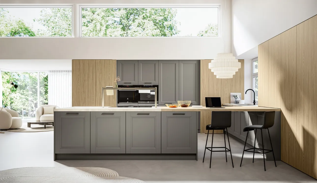 Cuisine classique avec îlot Joyeux 01 en laqué et stratifié d'Arredo3.