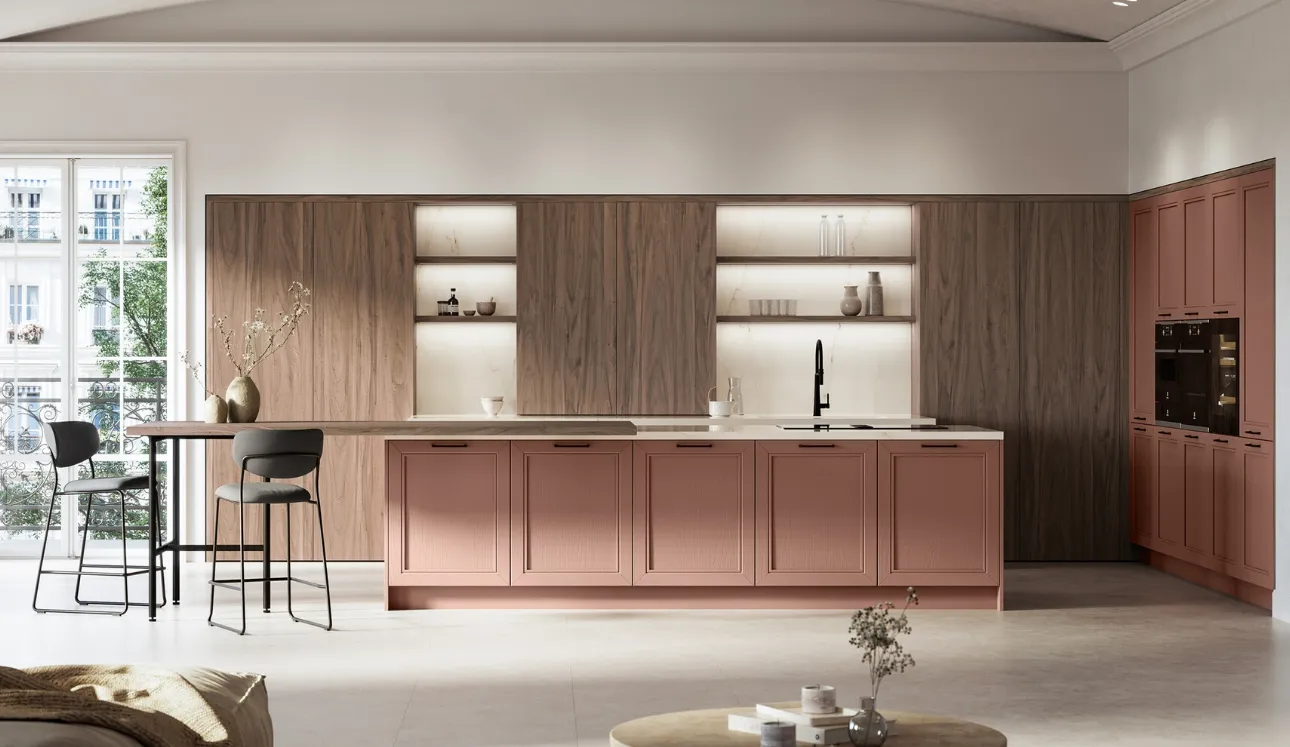 Cuisine classique avec l'îlot Opera 01 en laqué et stratifié par Arredo3