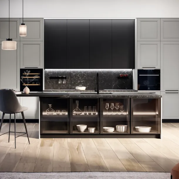 Cuisine classique avec îlot Opera 02 en laqué et bois de Arredo3.