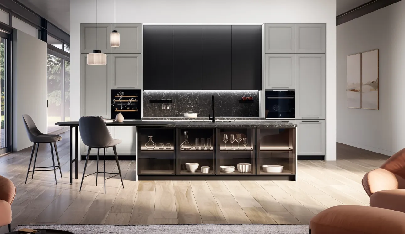 Cuisine classique avec îlot Opera 02 en laqué et bois de Arredo3.