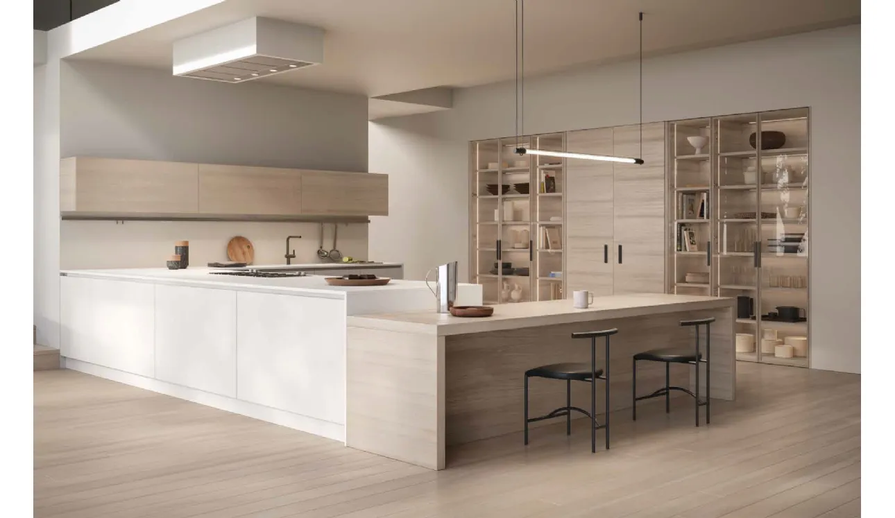 Cuisine Design 02 avec îlot en laque et chêne ice de Garofoli