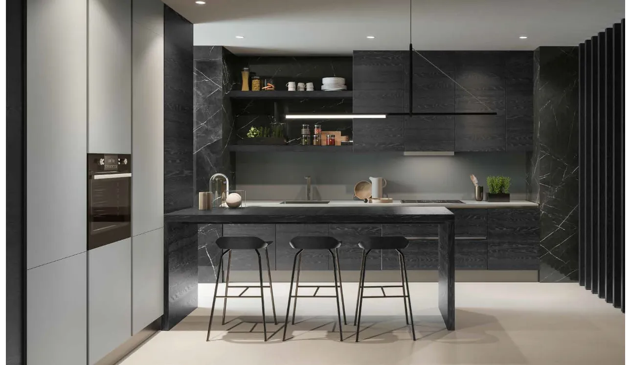 Cuisine Design 04 en chêne noir et laqué avec îlot de Garofoli.