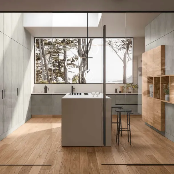 Cucina Design 06 avec îlot en mélamine mortier et chêne soie de Garof