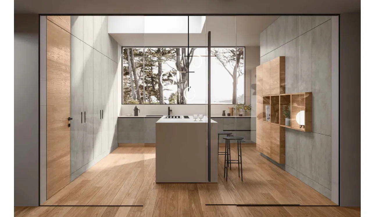 Cucina Design 06 avec îlot en mélamine mortier et chêne soie de Garof