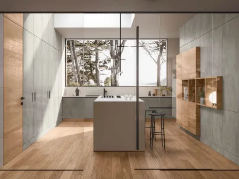 Cucina Design 06 avec îlot en mélamine mortier et chêne soie de Garof