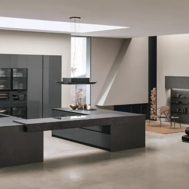 Cuisine moderne avec double îlot Aliant v01 en verre lustré Lava et Neolith Basalt Black Satin avec dessus en HPL Ossido de Stosa.