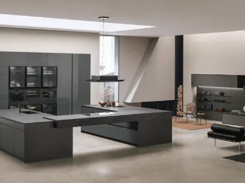 Cuisine moderne avec double îlot Aliant v01 en verre lustré Lava et Neolith Basalt Black Satin avec dessus en HPL Ossido de Stosa.