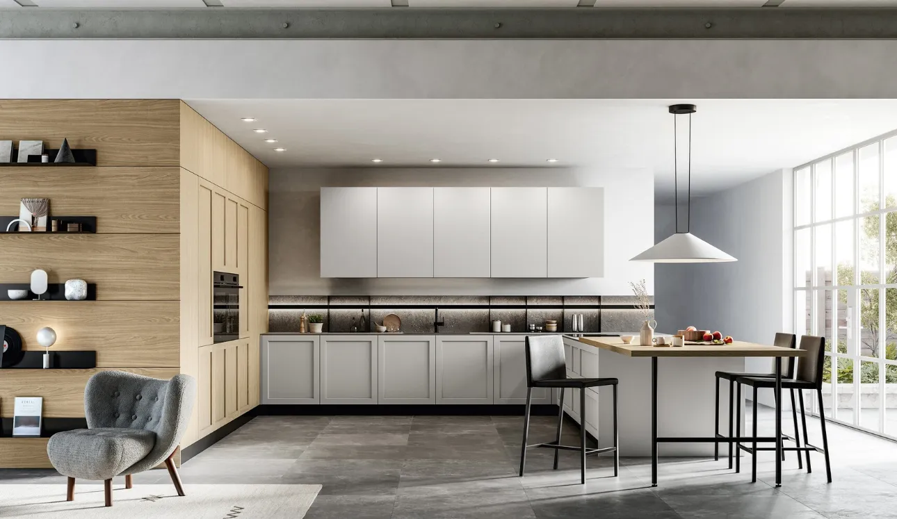 Cuisine moderne avec l'îlot Alma 01 en PET et laminé d'Arredo3