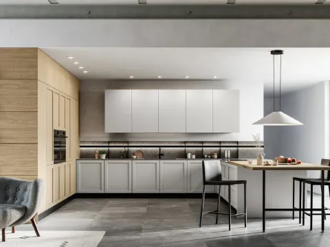 Cuisine moderne avec l'îlot Alma 01 en PET et laminé d'Arredo3