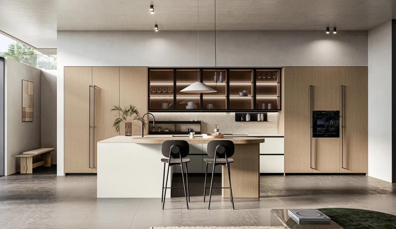 Cuisine moderne avec îlot en laque et bois d'Asie d'Arredo3