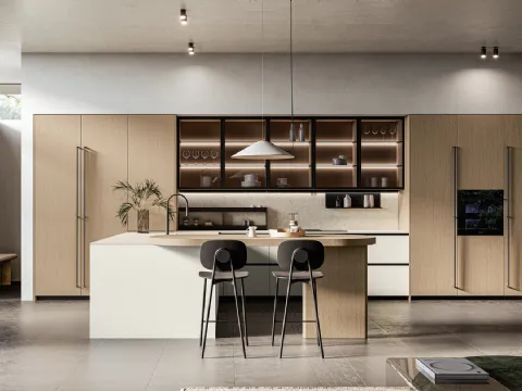 Cuisine moderne avec îlot en laque et bois d'Asie d'Arredo3