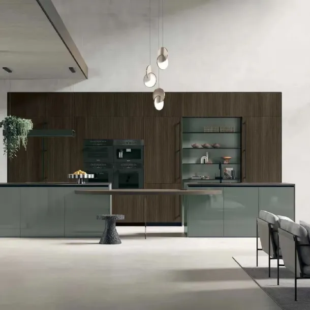 Cuisine Moderne en chêne thermochauffé avec îlot en laqué brillant Color Trend 06 de Stosa