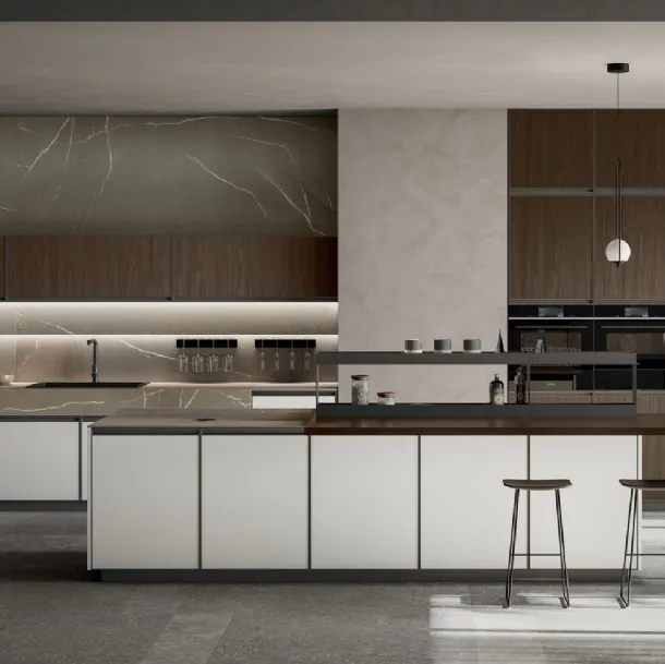 Cuisine moderne avec îlot Kronos 02 en blanc pierre et placage noyer de Arredo3