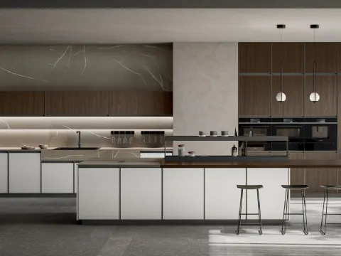 Cuisine moderne avec îlot Kronos 02 en blanc pierre et placage noyer de Arredo3