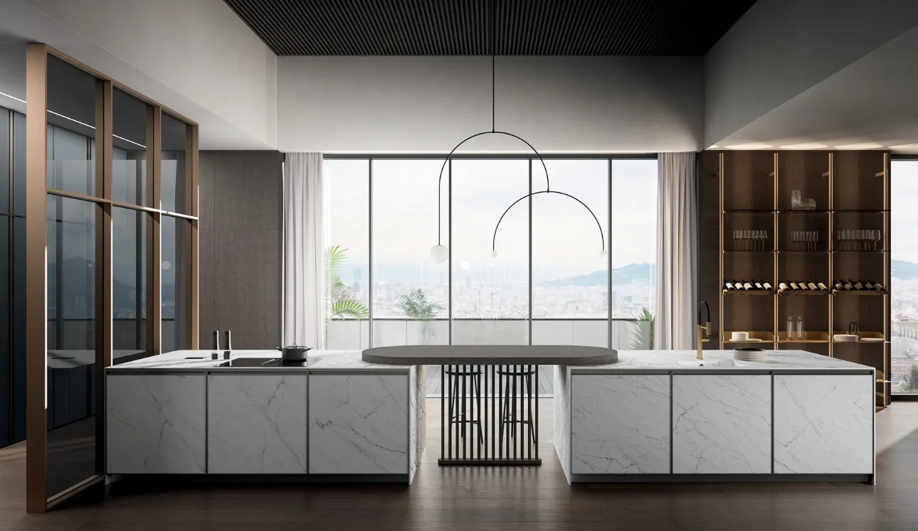 Cuisine moderne en laminam Statuarietto avec îlot Kronos d'Arredo3