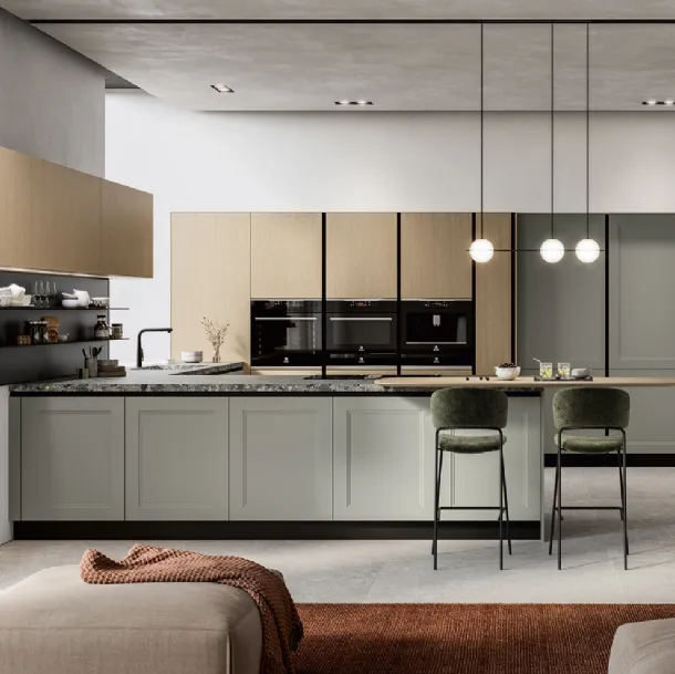 Cuisine moderne avec îlot Meg 02 laqué et en bois par Arredo3.