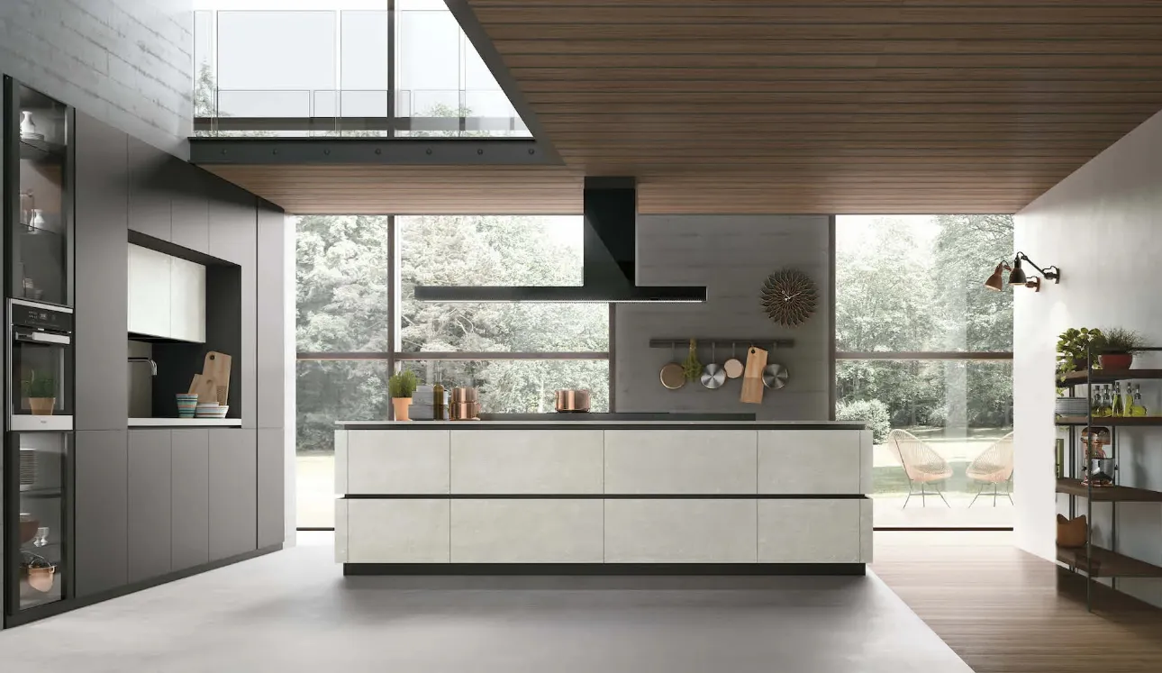 Cuisine moderne avec îlot Metropolis 10 en pet et matériau Ciment Blanc de Stosa.