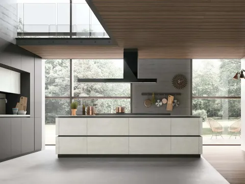 Cuisine moderne avec îlot Metropolis 10 en pet et matériau Ciment Blanc de Stosa.