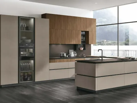 Cuisine moderne avec îlot Metropolis 12 en matériau Cement Visone et Noyer Eucalyptus de Stosa