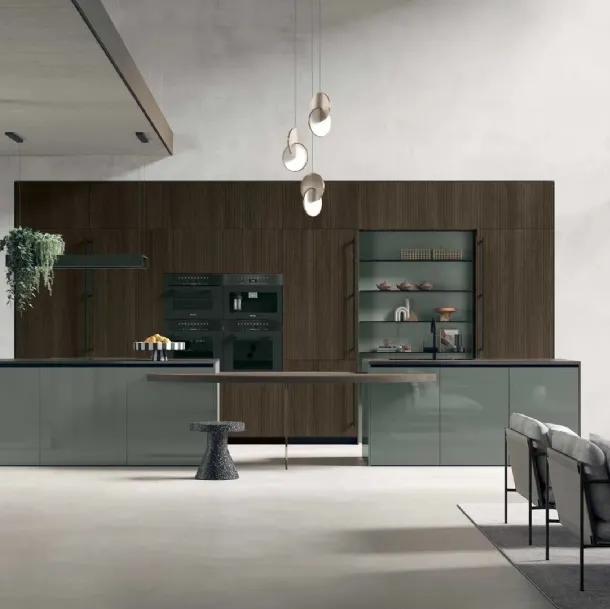 Cuisine moderne avec îlot Color Trend 09 en chêne thermo-traité cannelé et laqué brillant thym de Stosa.