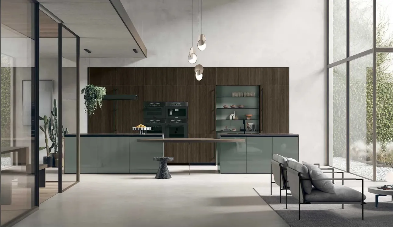 Cuisine moderne avec îlot Color Trend 09 en chêne thermo-traité cannelé et laqué brillant thym de Stosa.